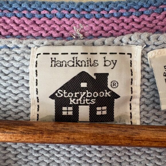 Hand Knit Storybook Cardigan Sweater Ugly Christmas Angel Snow Trees 90s Size M - Picture 8 of 11